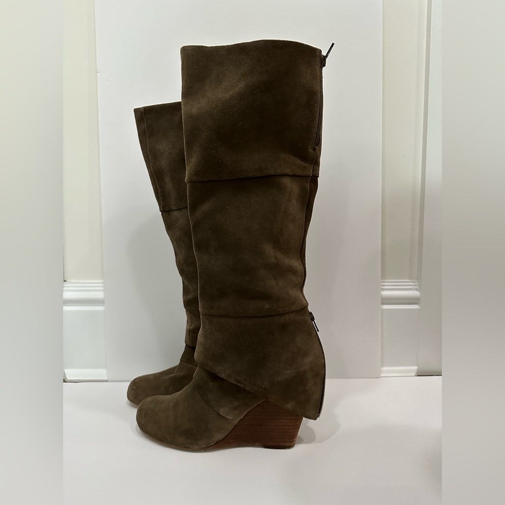 Fergie olive green suede tall wood wedge boots